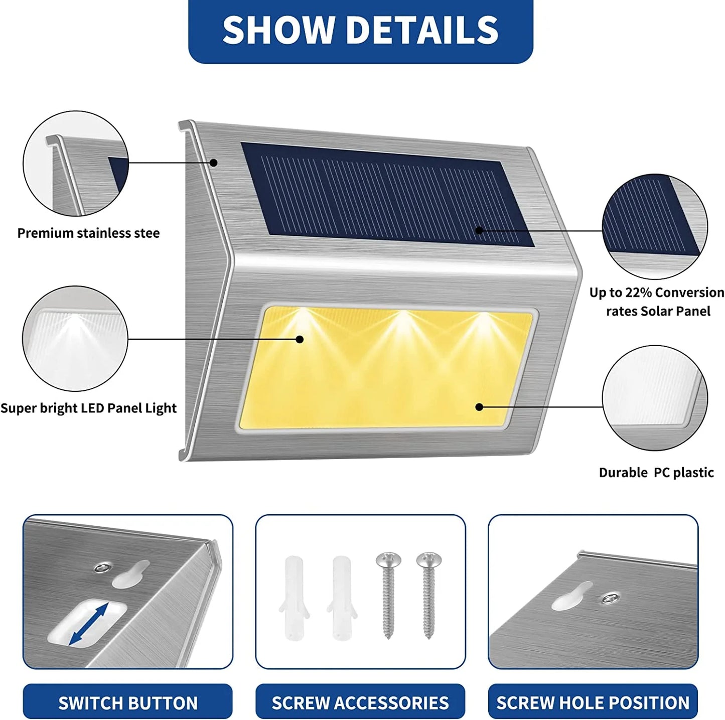 Solar Fence Lights (8-Pack) - Warm White, Waterproof Deck & Railing Lights