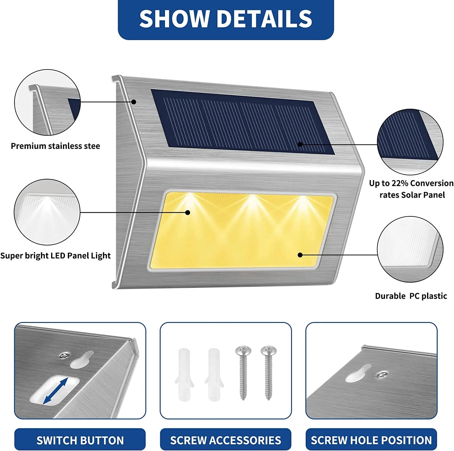 Solar Fence Lights (8-Pack) - Warm White, Waterproof Deck & Railing Lights
