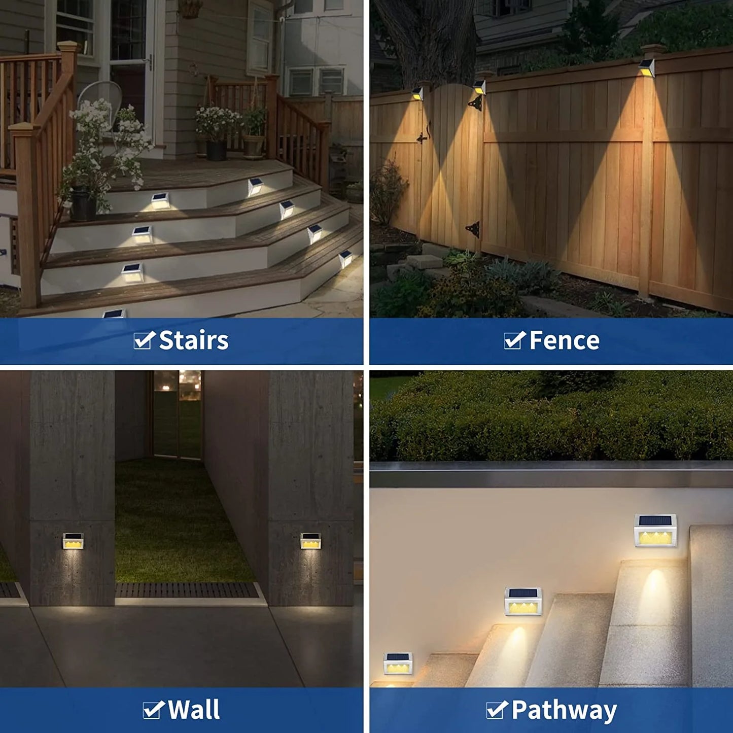 Solar Fence Lights (8-Pack) - Warm White, Waterproof Deck & Railing Lights